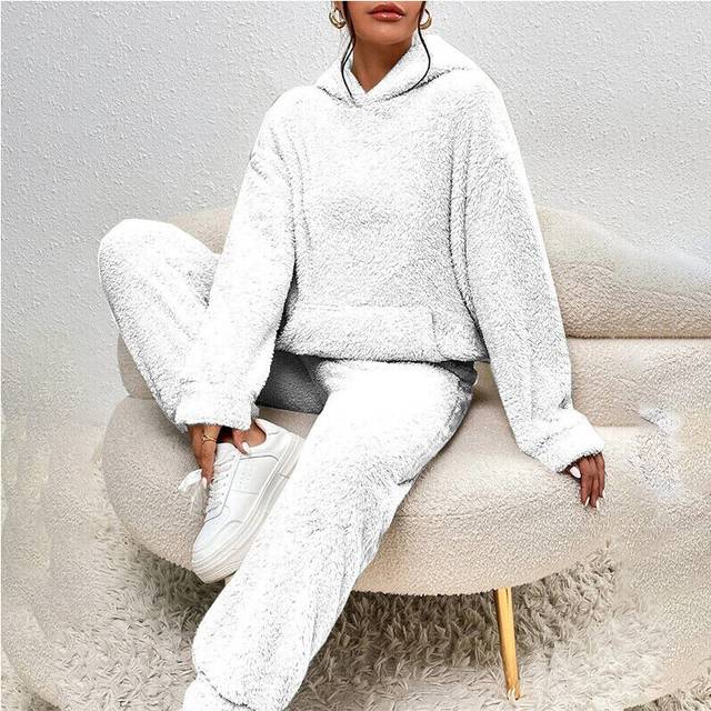 (White, UK Size 18=Tag Size 3XL) Women Fleece Fluffy Winter Sleepwear Ladies Hooded Home Plain Pajamas Sets Pjs
