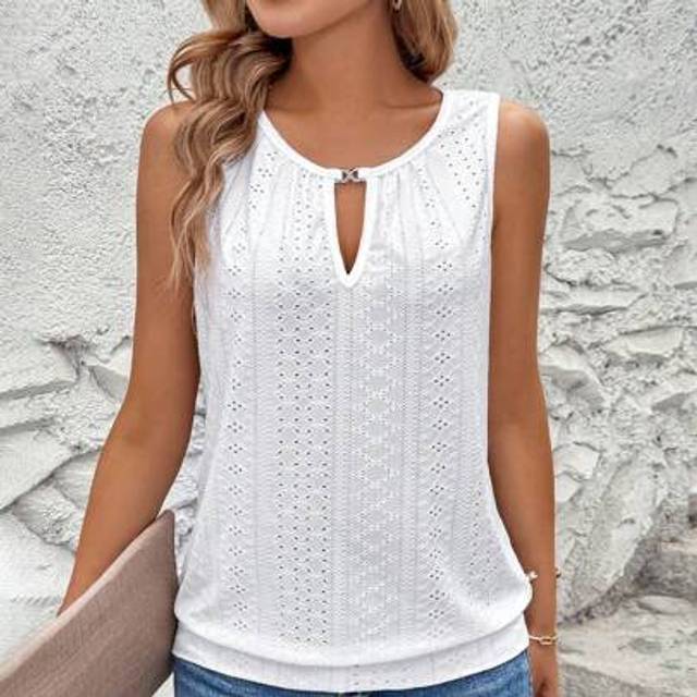 SHEIN Women&#39;s Elegant Solid Color Jacquard Embroidered Perforated Fabric Round Neck Metal Decor Cutout Neckline Tank Top
