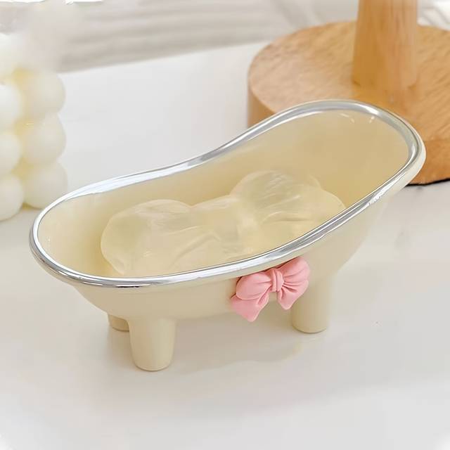 TEMU 1pc Chic Bathtub-shaped Soap Dish With Pink Bow Accent - Oval Plastic Drain Holder For Bathroom & Sink, Ideal For Soap Storage