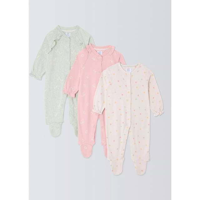 John Lewis Baby Bear Heart Lemon Cotton Sleepsuits, Pack of 3, Multi