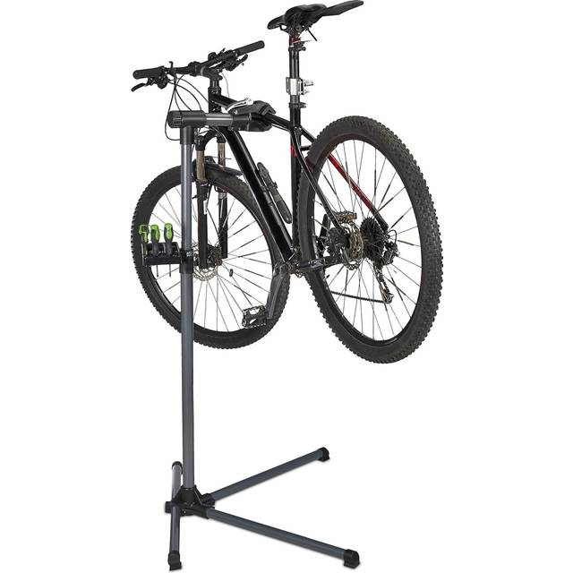 Relaxdays - Bike Repair Stand, Height Adjustable Maintenance Rack, for Frames 25-40mm, up to 30kg, with Tool Shelf, Silver