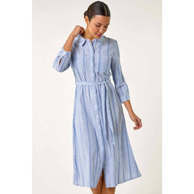 Textured Stripe Belted Shirt Dress - Light Blue - 12