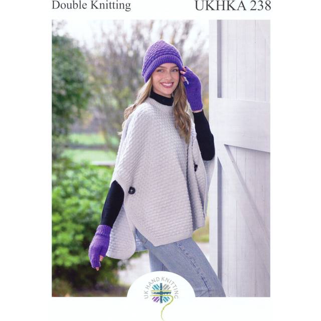 UKHKA 238 DK Knitting Pattern Ladies Poncho Hat & Fingerless Gloves