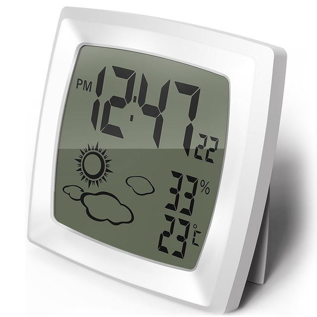 Digital Alarm Clock Small Alarm Clock Battery Operated Weather Clocks with Auto Backlight, 12/24H, Temperature in /
