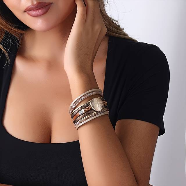TEMU 1 Pc Vintage Bohemian Style Multi Layers Pu Leather Bracelet With Magnetic And Holiday