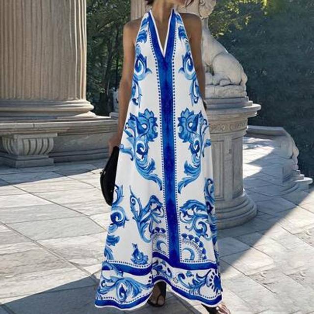 SHEIN Summer Going Out Holiday Date Dress, Hanging Neck A Blue And White Printed Lady Dress, Holiday Summer Beach Dress, Back-To-School Dress, Very Simple D