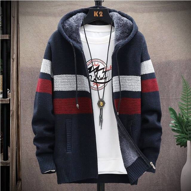 (Navy, 2XL) Mens Thick Warm Fleece Lined Hooded Hoodie Winter Zip Up Coat Jacket Sweatshirt