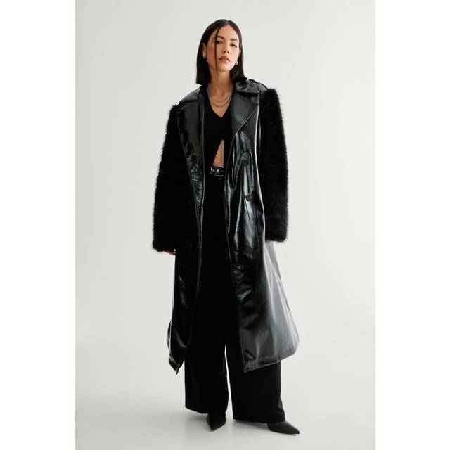 Womens Premium Vinyl Fur Trim Coat - Black - 4