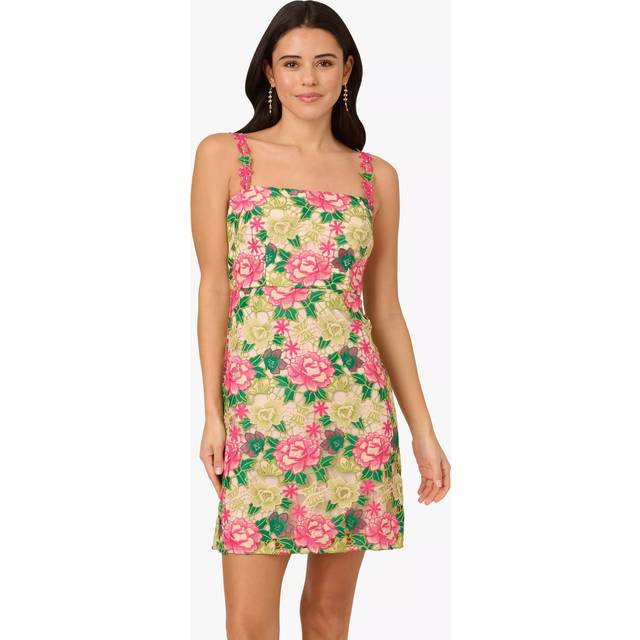 Adrianna Papell Floral Embroidered Mini Dress, Pink/Green