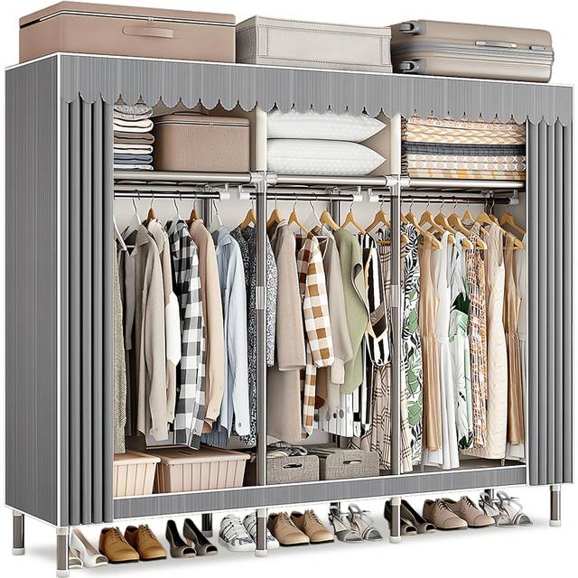 Tyggarderob Fristående Garderob Med Dragkedja, Hopfällbar Garderob, Canvas-garderob, Klädförvaringsarrangör, Klädhängare Med Klädstång, Klädhängare, Omklädningsrum, Sovrum, Grå Ränder