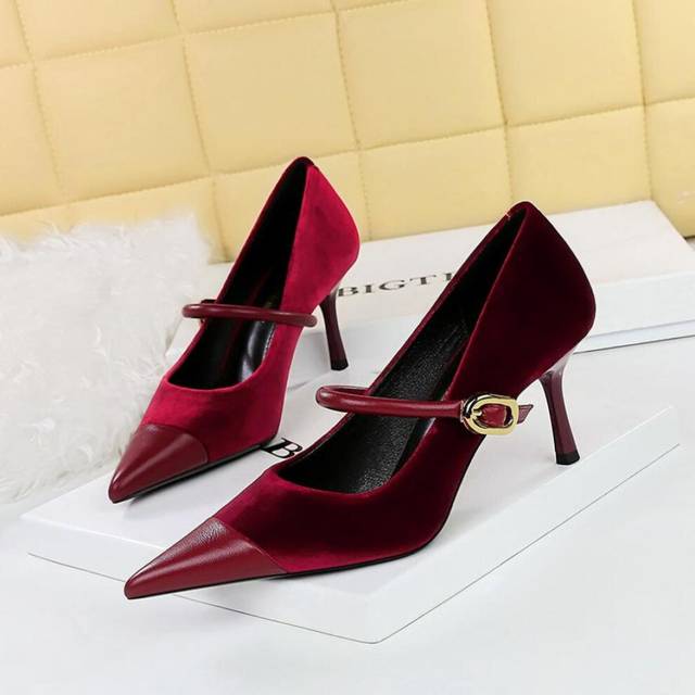 (wine red, 34) Banquet High Heels, Thin Heels, Shallow Mouth, Pointed Velvet Patchwork, Pointed Metal Buckle, Straight Line Strap, Single Shoe