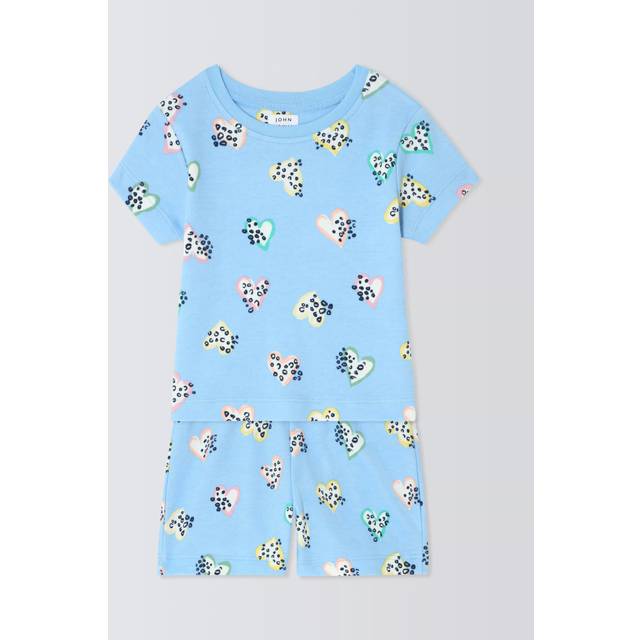 John Lewis Baby Leopard Heart Cotton Shortie Pyjamas, Blue/Multi