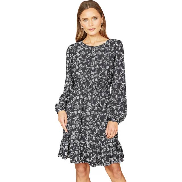 Mela Black Floral Print Ruched Waist Long Sleeve Skater Dress - Size 14 UK - Mela