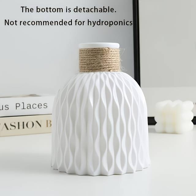TEMU 1pc Nordic Style Vintage Geometric Wave Pattern Plastic Cylinder Flower Vase With Rope Detail - Decor And Tabletop Accent, No Electricity Or Battery Needed