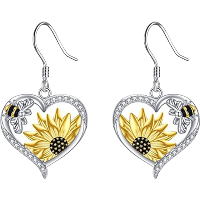 Fashionabla ihåliga hjärtformade bi- och solrosmönster med hängande örhängen med zirconia, damsmycken Alla hjärtans dag, mamma, mor, mors dag, present - Silver (En-Storlek)