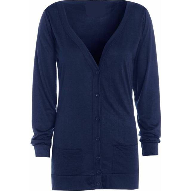 (Navy, 8) Womens Button Up Cardigan Boyfriend Top Ladies Long Sleeve Pocket Cardigan New