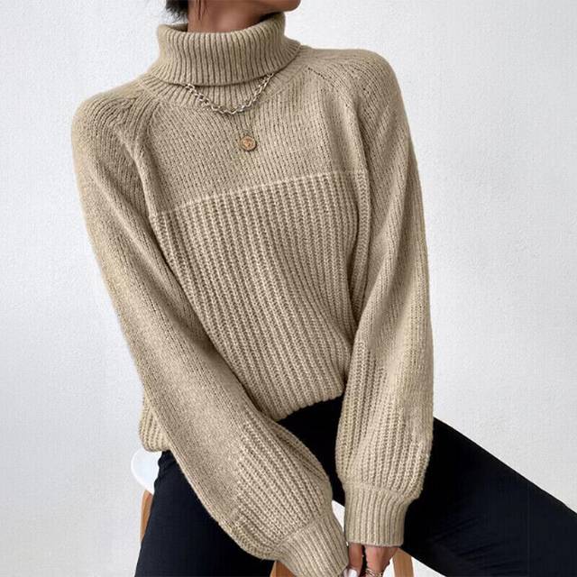 (Khaki, UK Size 8=Tag Size S) Ladies Polo Neck Warm Sweater Womens Chunky Cable Knitted Jumper Pullover Tops