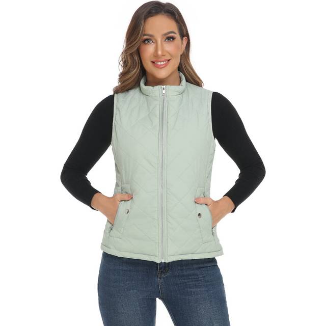 YESLIFE 2023 Light Green Women's Outwear Quilted Vest With One Inside Pocket  Stand Collar Lightweight Padded Gilet for Women XXL