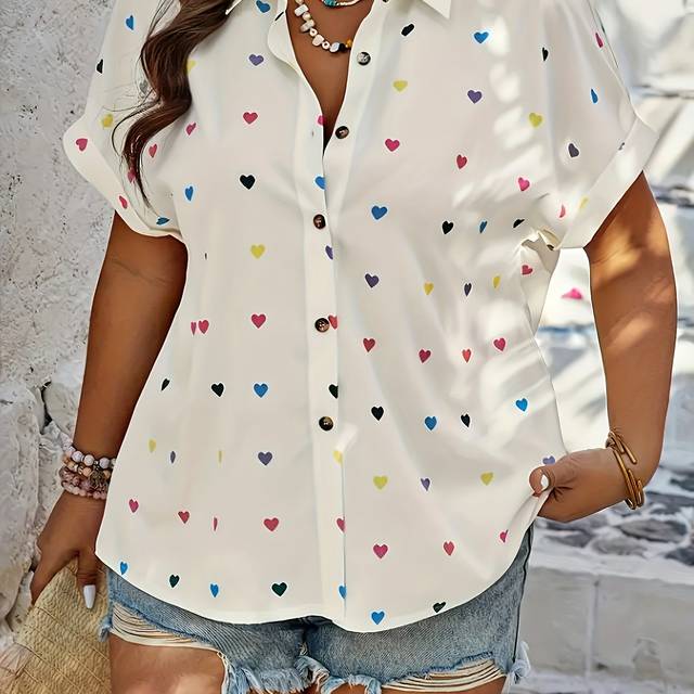 TEMU Chic Heart Print Button-up Blouse For Women - Casual Short Sleeve, , Machine Washable