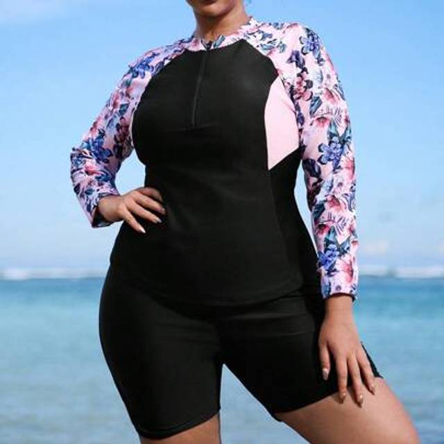 Swim SPRTY 2pcs/Set Plus Size Women Random Print Long Sleeve Crop Top And High Waist Bikini Swimsuit Set, Casual Vacation