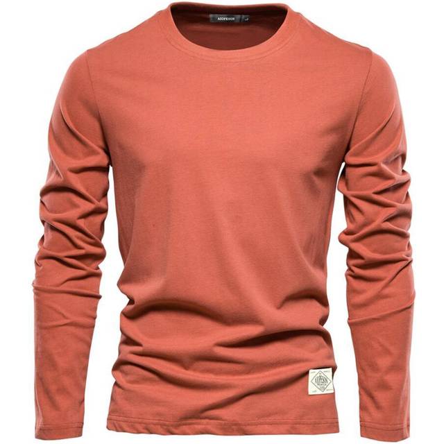 (orange, S) Usegiraffe 100% Cotton Long Sleeve T shirt For Men Solid Spring Casual Mens T-shirts High Quality Male Tops Classic Clothes Men&apos;s T-s
