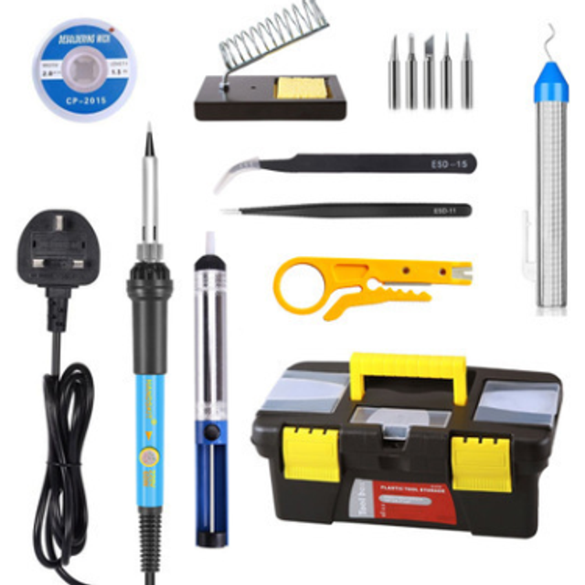 (UK Plug, With Switch) 14 Pieces Soldering Iron Kit 60W Adjustable Temperature Welding Soldering Iron