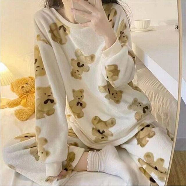 (Full bear, L) Ladies Fleece Pyjama Soft Warm Crew Neck Loungewear Nightwear Top Pants Set