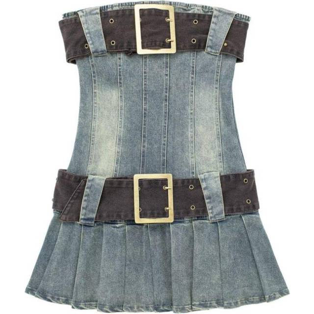 (blue, M) Vintage Dress Y2k 2000s One-piece Corset Denim Dress With Belt Pleated Mini Short Jean Blue Gown Hottie Summer Women