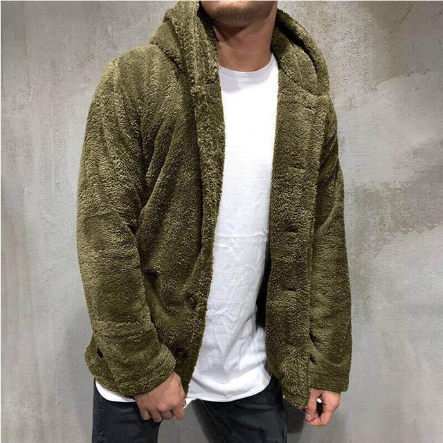 (Army Green, M) Mens Teddy Bear Fluffy Fur Fleece Hoody Cardigan Hoodie Winter Warm Coat Jacket
