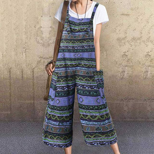 (#5 Green-Ethnic Dungarees, 2XL) Womens Overalls Dungarees Summer Loose Trousers Ladies Baggy Jumpsuit Playsuit