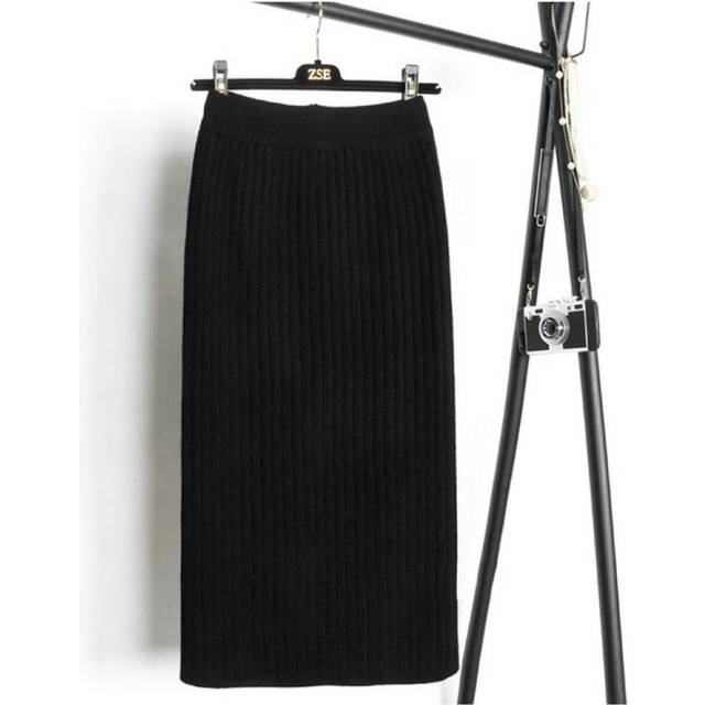 (black, L) Scione 65-75cm Elastic Women Skirts Autumn Winter Warm Knitted Straight Skirt Ribbed Mid-long Skirt