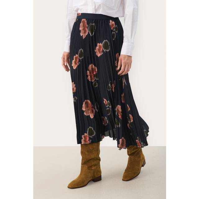 Part Two, Kjol, Dam, XS, Polyester, Pleated Skirt Dark Navy Blurred Flower - blue (XS)
