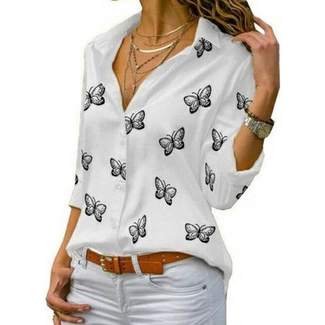 (WHITE, XL) Women Long Sleeve Blouse Oversized Spring Autumn Turn Down Collar Loose Office Lady Casual Butterfly Printing Basic