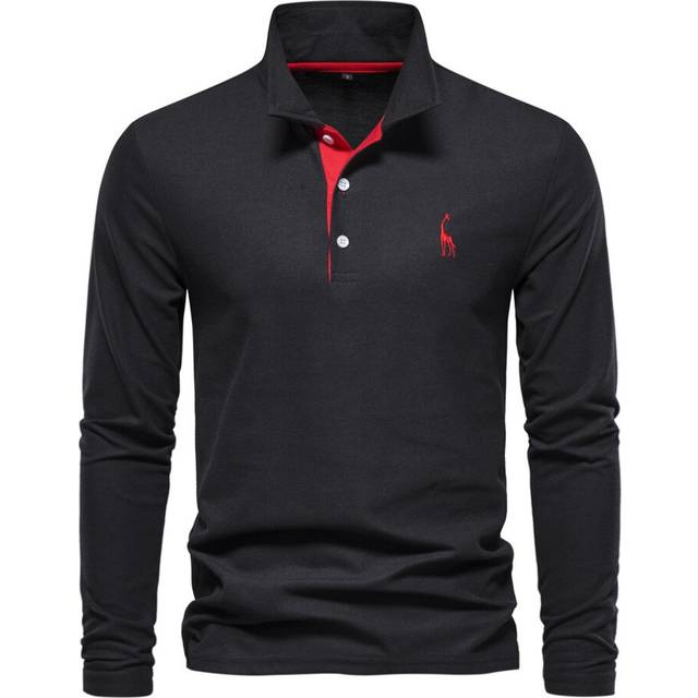 (black, M) Mens Long Sleeve Polo Shirt Cotton Golf Giraffe Tops