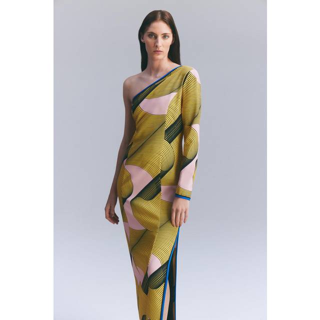 Amelia Graham Printed Cady One Shoulder Maxi Dress - Yellow