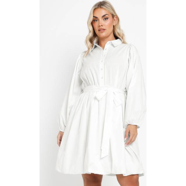 Yours Curve White Poplin Puffball Mini Shirt Dress, Women's Curve & Plus Size, Yours - 26-28