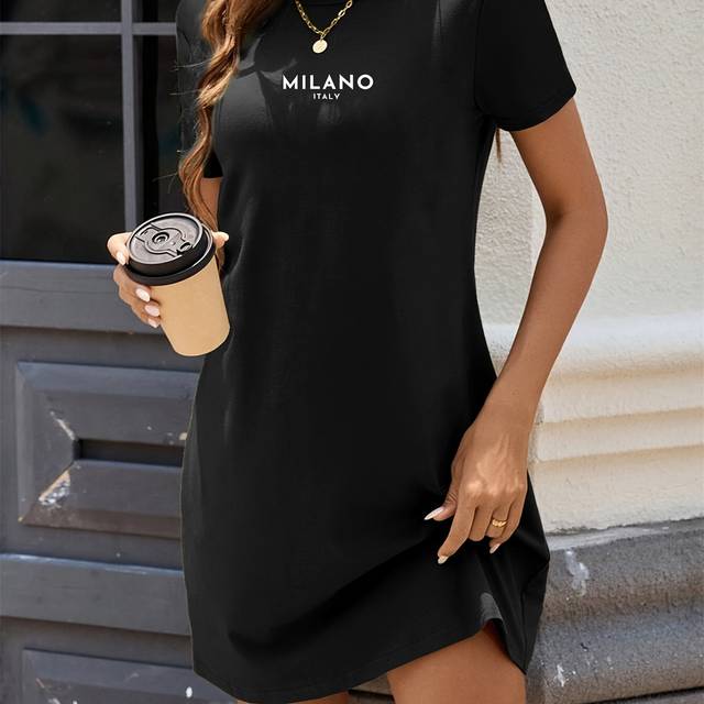 TEMU Women's Casual T-shirt Dress - Short Sleeve Round Neck Black Dress With White '' Letter Print, Medium -washable Spring/summer Dress For Casual Attire