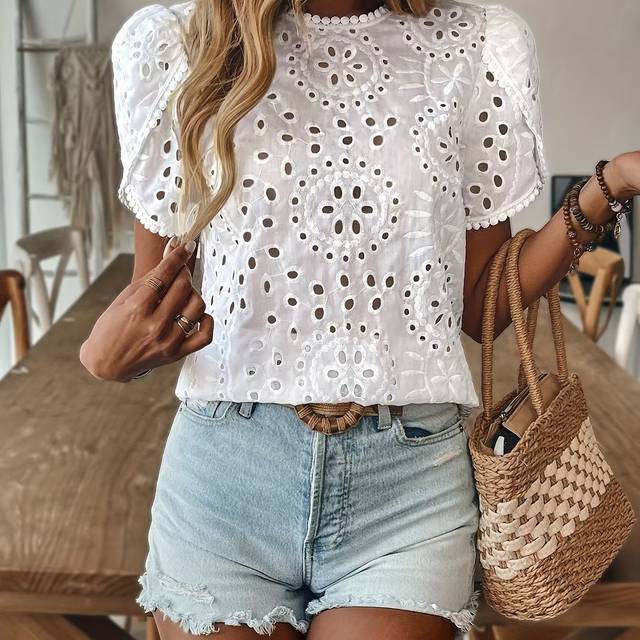 TEMU Women's Elegant White Crochet Embroidery Blouse With Short Sleeves - Spring/summer, , Casual Attire|crew Neck Blouse|crochet Embroidery