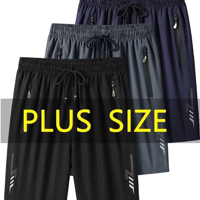 TEMU 3pcs Men's Plus Size Shorts - Black, Gray, Navy With Drawstring Waist, , Stretchy Fabric, Pockets, Everyday , Casual Wear|drawstring Waistband|stretchy Fabric