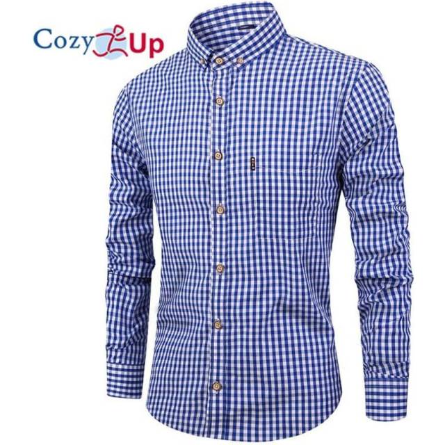 (navy blue, S) Cozy Up Men Plaid Cotton Casual Slim Fit Long Sleeve Button Down Dress Shirts