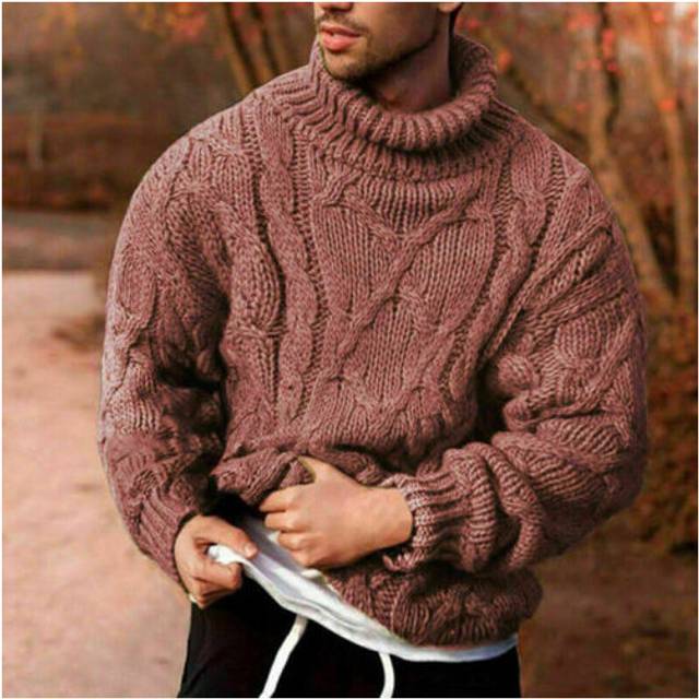 (Light Red, M) New Men's Winter Thick Knitted Sweater Round Neck Hoodie UK Hot