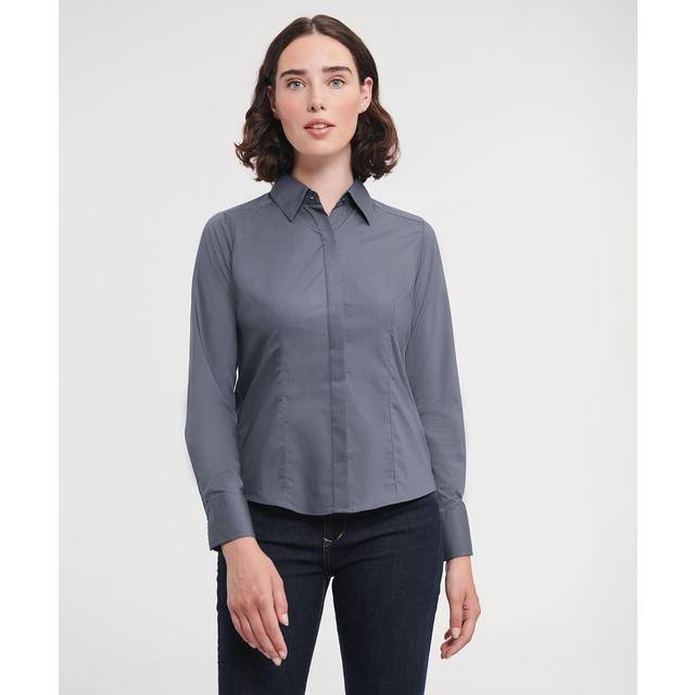 (L, French Navy) Russell Collection Womens/Ladies Poplin Easy-Care Fitted Long-Sleeved Shirt