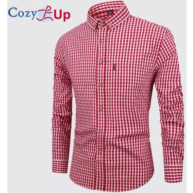 (red, S) Cozy Up Men Plaid Cotton Casual Slim Fit Long Sleeve Button Down Dress Shirts