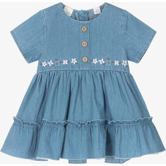 Ido Mini Baby Girls Blue Chambray Dress With Floral Embroidery - 24 month