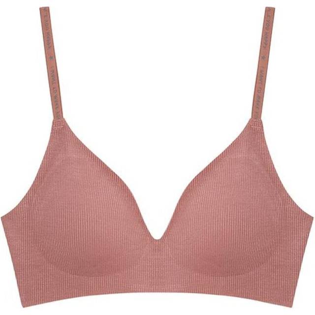 (as the picture, L) FINETOO Women Wireless Bra Deep V Padded Bralette S-XL Trendy Stripe Knitting Bras Sexy Ladies Brassiere Solid Underwear 6 Color