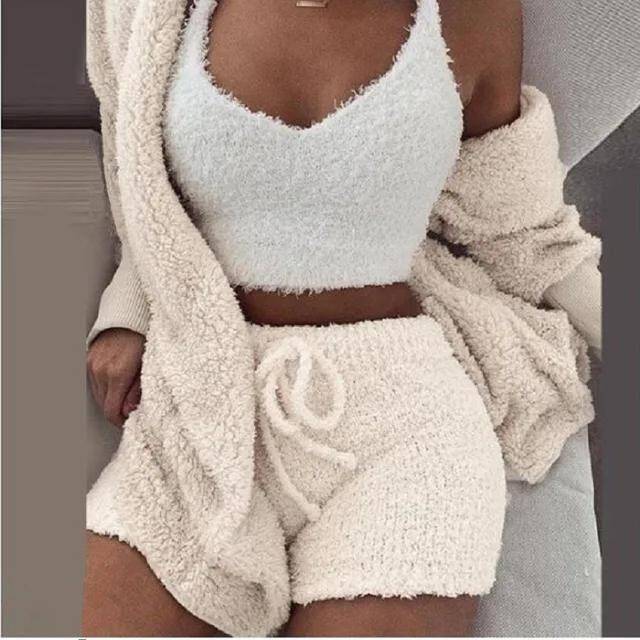 (2, S) Womens Fluffy 3-Piece Pajamas Set  Cozy Winter Sleepwear with Hoodie, Tank