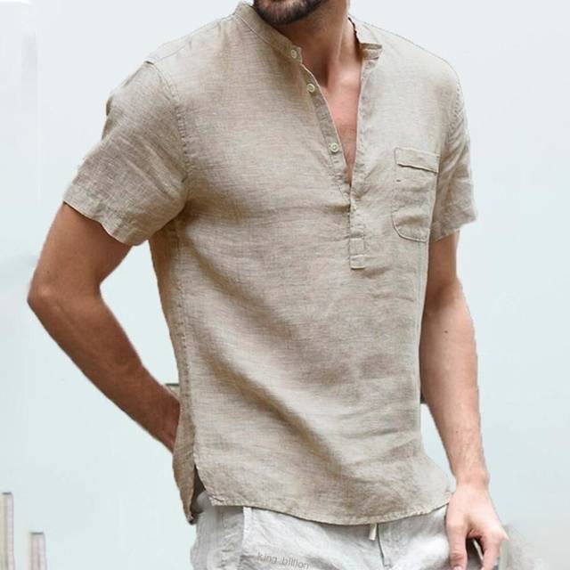 (L, khaki) Summer New Men&apos;s Short-sleeved T-shirt Cotton And Linen Led Casual Men&apos;s T-shirt Shirt Male  Breathable S-3xl