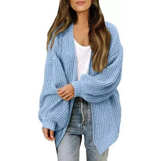 (Sky, One size 8-22) UK Womens Chunky Knitted Oversized Cardigan Ladies Balloon Sleeve Short Cardigan