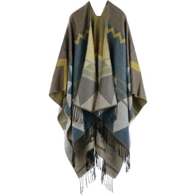 (yellow) Women Knitted Shawl Poncho Faux Cashmere Geometric Pattern Tassel Oversized Long Bohemia Cape
