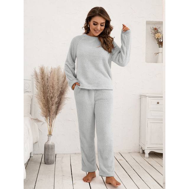 (Light Grey, 14) Womens Fluffy Fleece Fur Tops Pants Pyjamas Nightwear Teddy Bear Pajamas Set UK